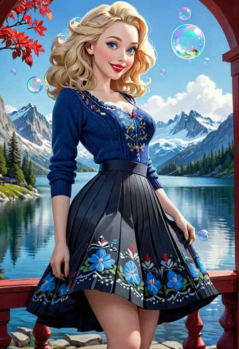 Blonde Woman, Messy Hair, Pale Skin, Red Lipstick, Overlooking Mountain Valley, Alpine Lake. Dress Wth Woodcut Patterns, A Black Knee-Length Pleated Skirt With Blue Embroidery, Norwegian Sweater With Rosemaled Designs. A Wide Smile, Eyes Are Detailed & Wid...