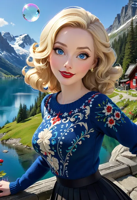 Blonde Woman, Messy Hair, Pale Skin, Red Lipstick, Overlooking Mountain Valley, Alpine Lake. Dress Wth Woodcut Patterns, A Black Knee-Length Pleated Skirt With Blue Embroidery, Norwegian Sweater With Rosemaled Designs. A Wide Smile, Eyes Are Detailed & Wid...