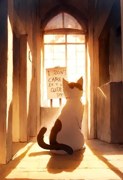 A cute anime cat holding a sign that says I DONT CARE, marching outside in a beautiful day.