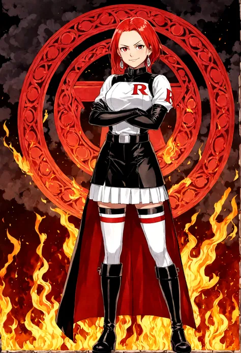 (((1 girl))) short hair, earings ,glossy lips ,team rocket uniform, red letter R, white skirt, white crop top, black thigh-high boots, black elbow gloves, evil smile, looking at viewer, cowboy shot, arms crossed, full body photo Mercedes von Martritz (Fire...