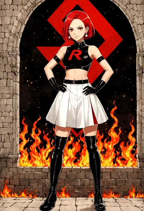 (((1 girl))) short hair, earings ,glossy lips ,team rocket uniform, red letter R, white skirt, white crop top, black thigh-high boots, black elbow gloves, evil smile, looking at viewer, cowboy shot, arms crossed, full body photo Mercedes von Martritz (Fire...