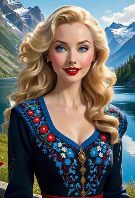 Blonde Woman, Messy Hair, Pale Skin, Red Lipstick, Overlooking Mountain Valley, Alpine Lake. Dress Wth Woodcut Patterns, A Black Knee-Length Pleated Skirt With Blue Embroidery, Norwegian Sweater With Rosemaled Designs. A Wide Smile, Eyes Are Detailed & Wid...