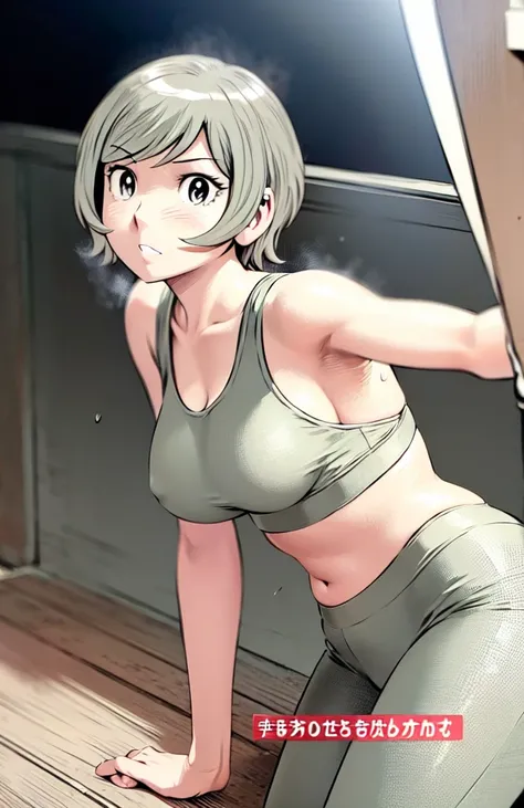 Grey sports bra、Grey panties、(masterpiece、highest quality)、highest quality, Ultra-high resolution, (((masterpiece))), alone, Sweat、Big eyes, Please show me your armpits, Composition from the front、（Back hair short、short hair、Blonde、female）、(Manga style:1.1...