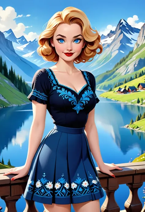 Blonde Woman, Messy Hair, Pale Skin, Red Lipstick, Overlooking Mountain Valley, Alpine Lake. Dress Wth Woodcut Patterns, A Black Knee-Length Pleated Skirt With Blue Embroidery, Norwegian Sweater With Rosemaled Designs. A Wide Smile, Eyes Are Detailed & Wid...