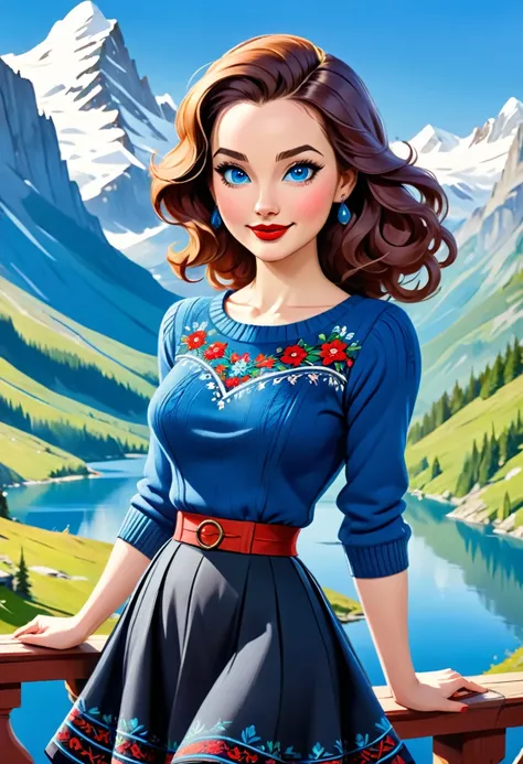 Blonde Woman, Messy Hair, Pale Skin, Red Lipstick, Overlooking Mountain Valley, Alpine Lake. Dress Wth Woodcut Patterns, A Black Knee-Length Pleated Skirt With Blue Embroidery, Norwegian Sweater With Rosemaled Designs. A Wide Smile, Eyes Are Detailed & Wid...