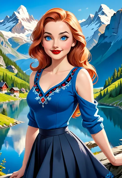 Blonde Woman, Messy Hair, Pale Skin, Red Lipstick, Overlooking Mountain Valley, Alpine Lake. Dress Wth Woodcut Patterns, A Black Knee-Length Pleated Skirt With Blue Embroidery, Norwegian Sweater With Rosemaled Designs. A Wide Smile, Eyes Are Detailed & Wid...