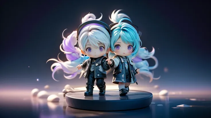 highest quality、masterpiece、official art、the best composition、super detailed、3d figures of a chibi couple、girl has purple eyes、w...