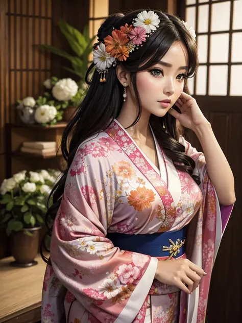 diosa de mirada suave, pelo claro y ojos claros. vestida de kimono. cubiertas por flores. diosa del olimpo