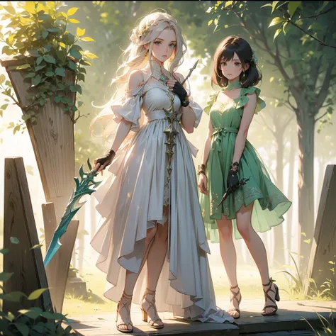 Design a layout showcase Gaming character, (1girl). White+Green clothes, nature-inspired and ethereal, ((showcase weapon:1.4)), bow and arrows, (masterpiece:1.2), (best quality), 4k, ultra-detailed, (Step by step design, layout art:1.5), (sunlit lighting, ...