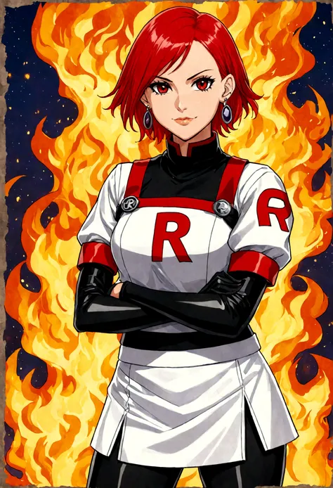 (((1 girl))) short hair, earings ,glossy lips ,team rocket uniform, red letter R, white skirt, white crop top, black thigh-high boots, black elbow gloves, evil smile, looking at viewer, cowboy shot, arms crossed, full body photo Mercedes von Martritz (Fire...