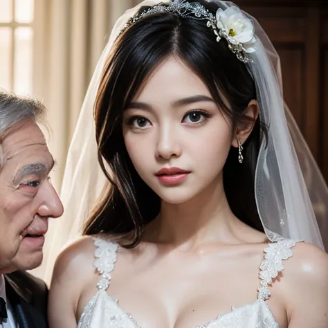 (1 female)、(1 elderly male:1.1)、(so beautiful)、(Beautiful Face:1.5)、(Detailed face:1.4)、(Groom spreads bride&#39;s legs:1.3)、(White panties are visible)、(Groom touches bride&#39;s crotch)、(Bride sitting in a chair at the reception)、(she is wearing a minisk...