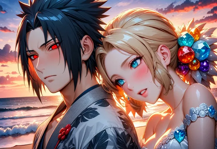 Ultra detailed, highres, absurdres, HDR, master piece, Temari, sand-blond hair, expressive teal eyes, Uchiha Sasuke, black hair, expressive red eyes, sunset, beach, a handsome man together with a beautiful woman, couple, love, Naruto Shippuden, very detail...