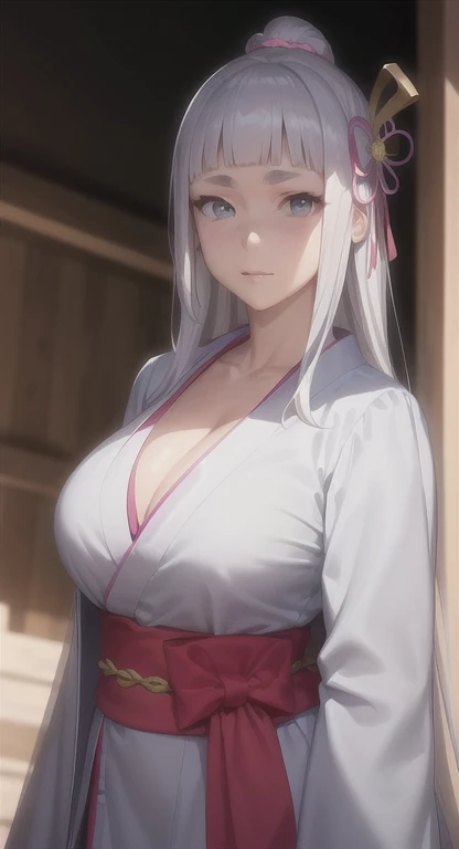 Hair accessories, Very long hair, Japanese clothes, Professional artwork, Intricate details, vision, Clear focus, Detailed, Realistic lighting, Popular on Pixiv, stand at attention, ((Large Breasts:1,3)),(((Large Breasts)))Breast sagging、Low-cut(((Cleavage...