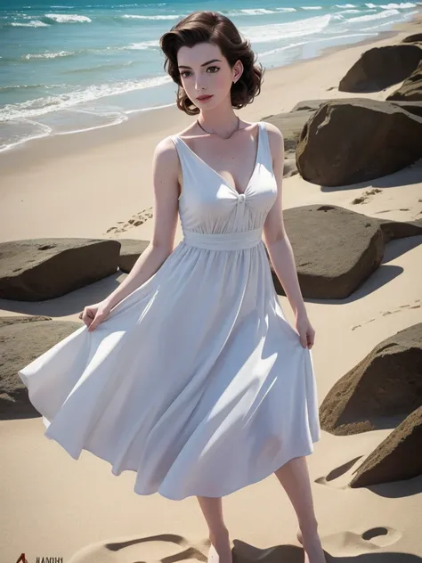 
Anne Hathaway pin up style with dress. on the beach