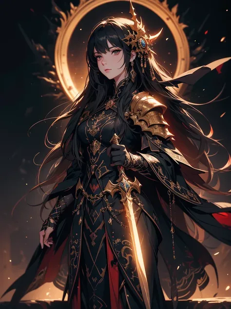 a dark and cursed female game character, wearing ornate black and gold armor, wielding a cursed blade, with dark vambraces and c...