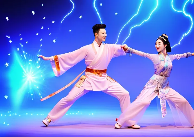 a handsome chinese boy and girl competition, full body, combat posture, sharp eyes, clear facial features, wearing hanfu, runes ...