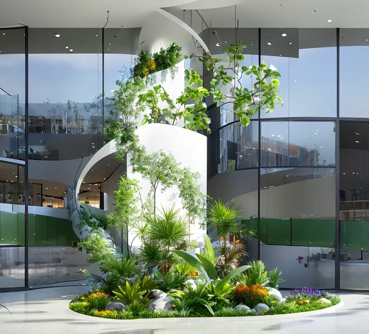 sof trickle showcase, greenery and flowers in the centre of the office building, modern style design, curved glass walls, white ...