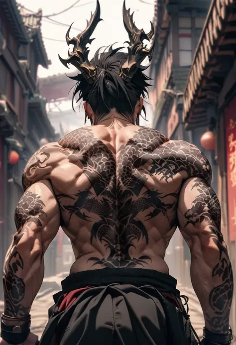 A vicious man turns his back to the viewer and flexes shirtless. He has extensive dragon themed tattoos.
