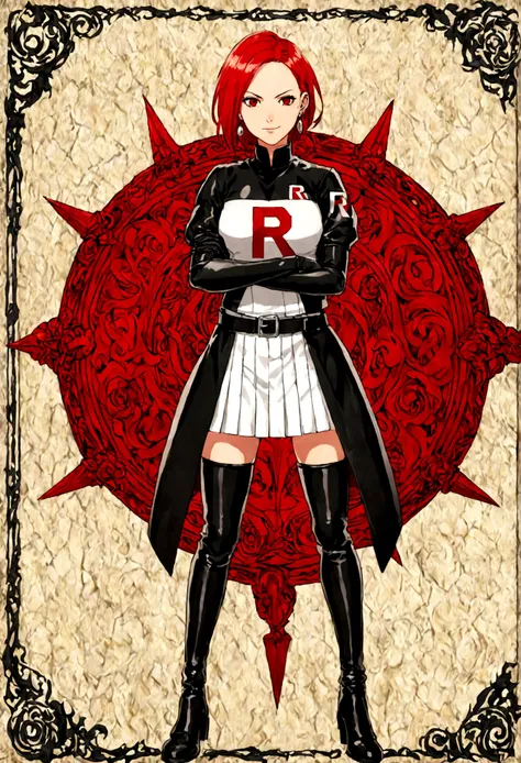 (((1 girl))) short hair, earings ,glossy lips ,team rocket uniform, red letter R, white skirt, white crop top, black thigh-high boots, black elbow gloves, evil smile, looking at viewer, cowboy shot, arms crossed, full body photo Mercedes von Martritz (Fire...