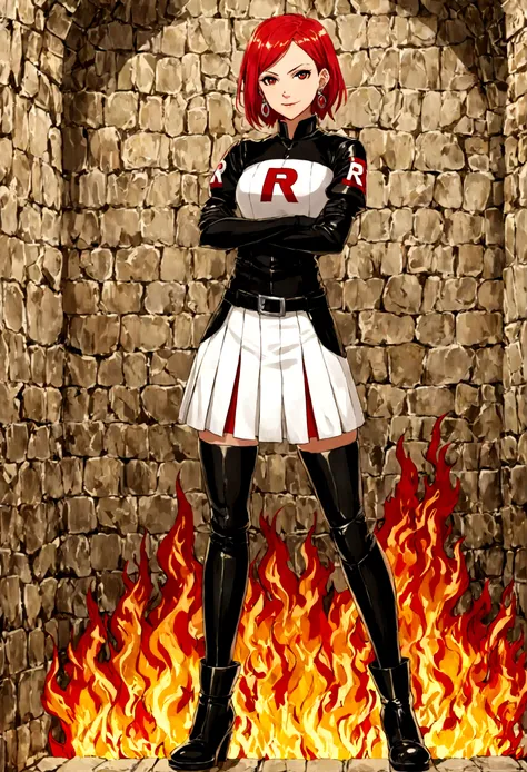 (((1 girl))) short hair, earings ,glossy lips ,team rocket uniform, red letter R, white skirt, white crop top, black thigh-high boots, black elbow gloves, evil smile, looking at viewer, cowboy shot, arms crossed, full body photo Mercedes von Martritz (Fire...