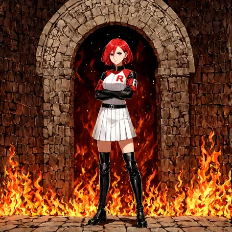 (((1 girl))) short hair, earings ,glossy lips ,team rocket uniform, red letter R, white skirt, white crop top, black thigh-high boots, black elbow gloves, evil smile, looking at viewer, cowboy shot, arms crossed, full body photo Mercedes von Martritz (Fire...