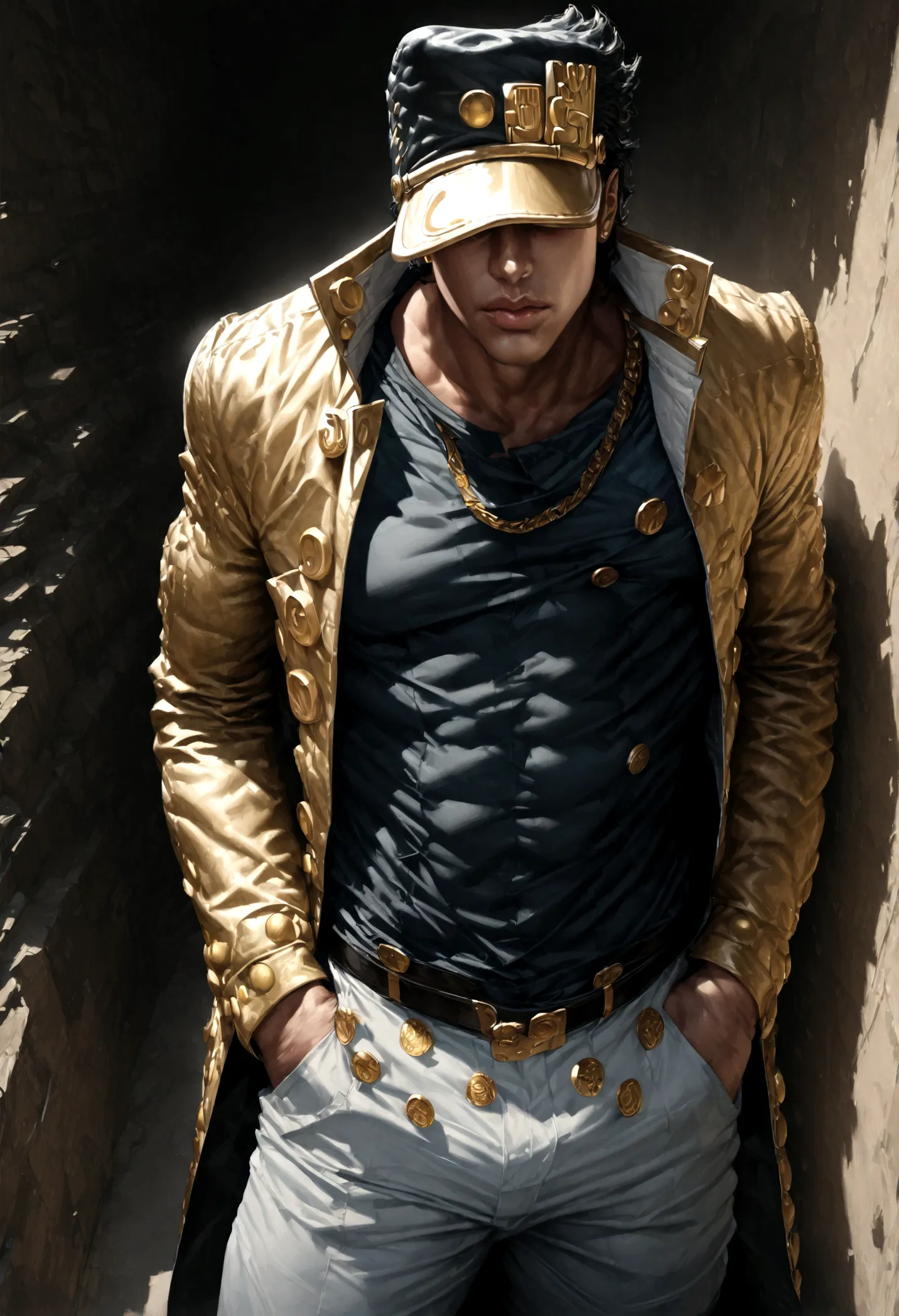 jojo&#39;s bizarre adventure, jotaro kujo, hat covering eyes, hands in pockets, permanent, background, black hair, gold chain, (...