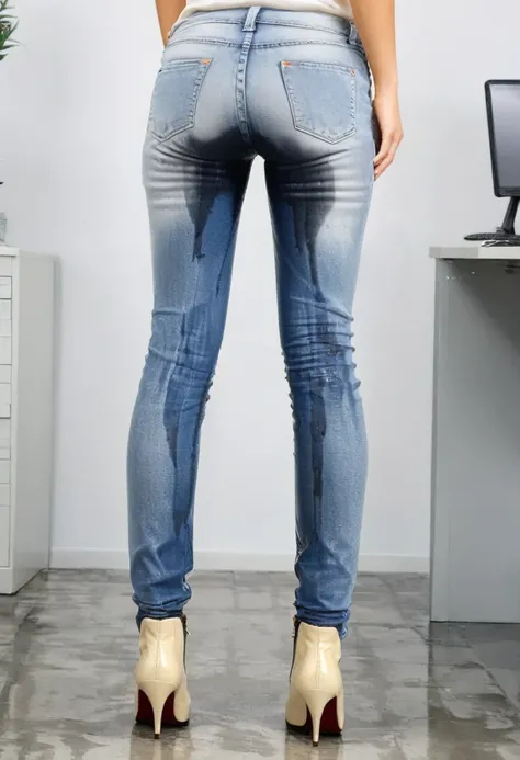 attractive blonde woman wearing skinny jeans, ankle boots, white blouse, standing in an office,  wetting, (((rear view))), legs of jeans are soaked with pee