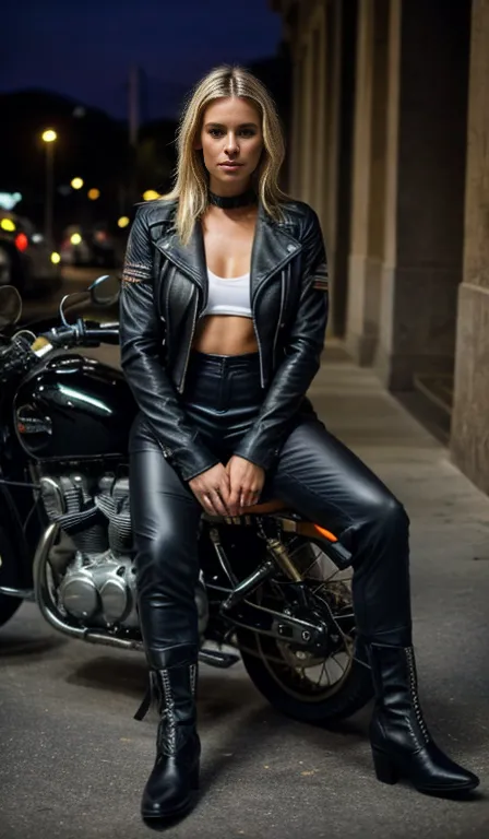 blond woman in black cuero pants sitting on a motocicleta, cuero clothing, dressed in biker cuero, cuero clothes, foto de una mu...