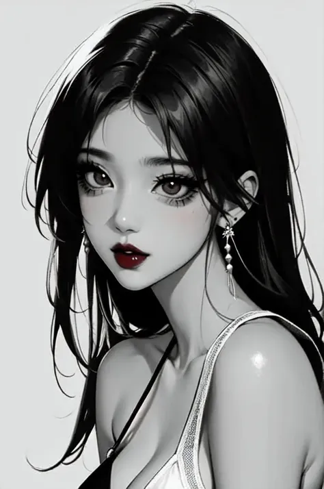 Anime character Tomie from junji ito, solo, school short uniform, lipstick, red lips, long hair, dress, plunging neckline, makeup, monochrome, white background, earrings, cleavage, jewelry, upper body, spot color, hair over shoulder,dark theme,shiny,shiny ...