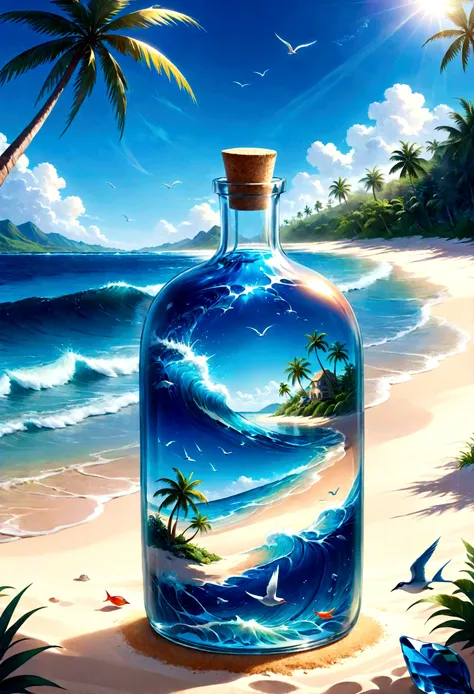 a beautiful glass bottle landscape,ocean waves crashing against a glass bottle on the sandy shore,sparkling reflections on the g...