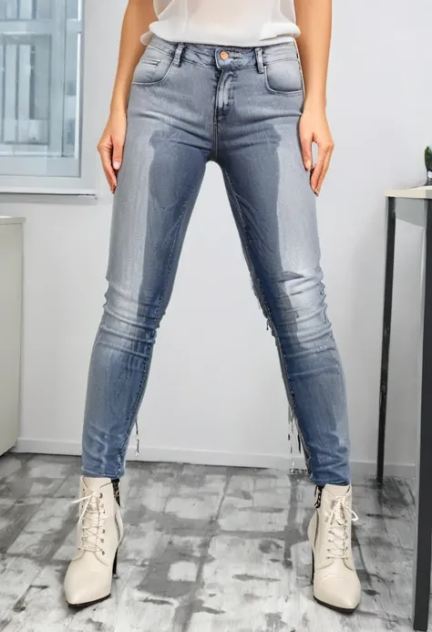 attractive blonde woman wearing skinny jeans, ankle boots, white blouse, standing in an office,  wetting, big smile, pee stains are gleaming wet, pee stains bulge out onto hips of jeans