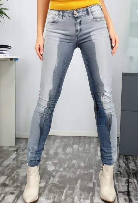 attractive blonde woman wearing skinny jeans, ankle boots, white blouse, standing in an office,  wetting, big smile, pee stains are gleaming wet, pee stains bulge out onto hips of jeans