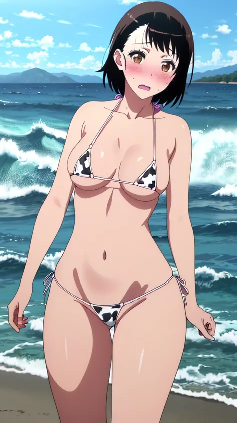 (masterpiece, 4K, highest quality, anime style: 1.9, Detailed face, Lovely, Ocean,Bold Line, High resolution, anime, Lake 4. alone, Curvaceous, slim,Please open your mouth wide, 非常にslimなお腹, Cowboy Shot, (Cow print micro bikini),1 girl,Brown eyes、Light brow...