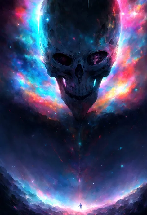 In an ethereal expanse of cosmic dust and vibrant colors, An astronaut drifts quietly in space without any signs of life. The skull face in the helmet is creepy，Send shivers down your spine. The juxtaposition of eerie stillness and vibrant colors，Created a...