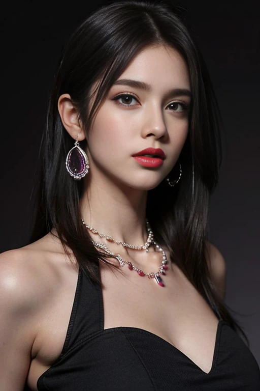 (High resolution 8K), Masterpiece, best quality, realistic ((Medium bust)), hair in one eye, purple eyes, big hoop earrings, sharp eyes, Diamond choker, red gemstone necklace, (symmetrical eyes), (Perfect symmetrical body), Photo of a beautiful 20 year old...