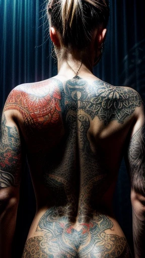 Stunning high-definition cinematic portrait of the Russian musical duo "Tattoo," with a captivating intensity that exudes raw talent and charisma. The duo, both in their mid-30s, are shown from the waist up, showcasing intricate tattoos of a dragon and koi...