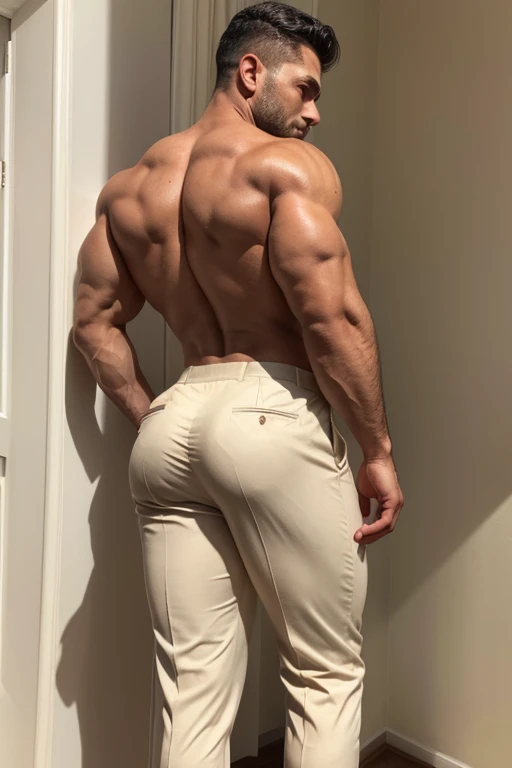 Beautiful  man 30 years old,  muscular body, barba rala, mas seu rosto esta iluminado pela fogueira. Creme formal trousers ((backside))