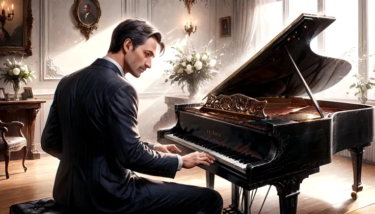 A 40-year-old man playing the piano