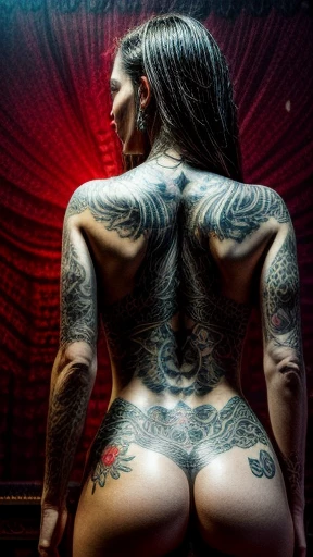 2 women, Stunning high-definition cinematic portrait of the Russian musical duo "Tattoo," with a captivating intensity that exudes raw talent and charisma. The duo, both in their mid-30s, are shown from the waist up, showcasing intricate tattoos of a drago...