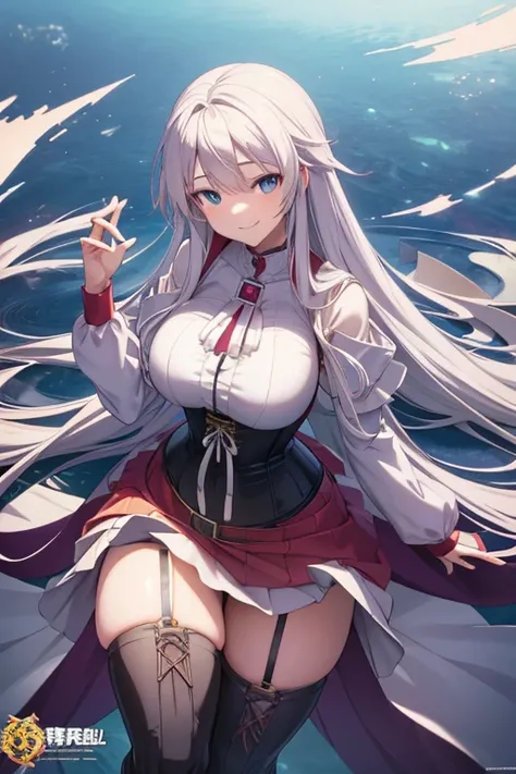 Big breasted anime girl, (corset dress: 1.2), (stockings), (Big smile), (whole body), (people々々I focus), (Long white hair), (View from above), (Hair in one eye),Enchanting anime girl, Best anime 4K, wallpapers, Attractive anime girl, 4k anime wallpaper, 4K...