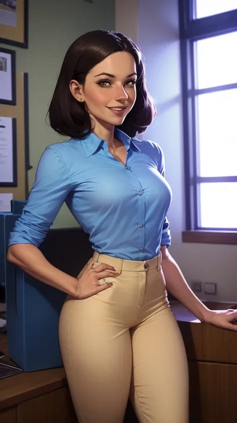 fit woman with blue shirt and beige pants in front of a window, young business woman, wearing business casual dress, woman in of...