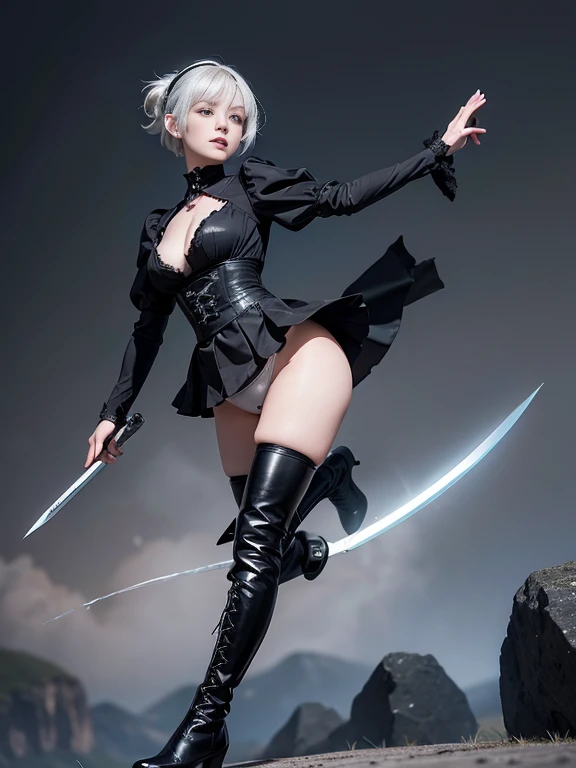 8K,Masterpiece,One woman,japanese sword,Smile,30 years old,blue eyes,White Hair,Short Bob Hair,(Gothic Lolita),Dutch beauty,Ella Freya（Ella Freya),(White panties),2b, short hair, Knee socks, gloves, Long sleeve, dress, Slender figure, Cleavage, Small breas...