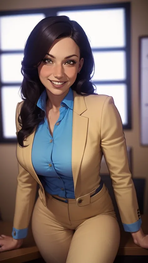 portrait mode woman with blue shirt and beige pants in front of a window, young business woman, wearing business casual dress, w...