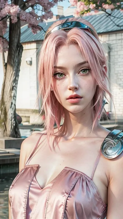 young woman, short shoulder-length pink hair, wide forehead, porcelain skin, pink eyebrows, big emerald green eyes, buttoned nose, full lips, heart-shaped face, slender body, small breasts, red tank top, Sakura Haruno , realistic, realism, details, 3d, wel...