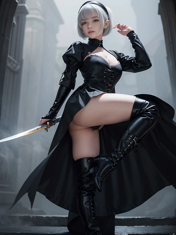 8K,Masterpiece,One woman,japanese sword,Smile,30 years old,blue eyes,White Hair,Short Bob Hair,(Gothic Lolita),Dutch beauty,Ella Freya（Ella Freya),(White panties),2b, short hair, Knee socks, gloves, Long sleeve, dress, Slender figure, Cleavage, Small breas...