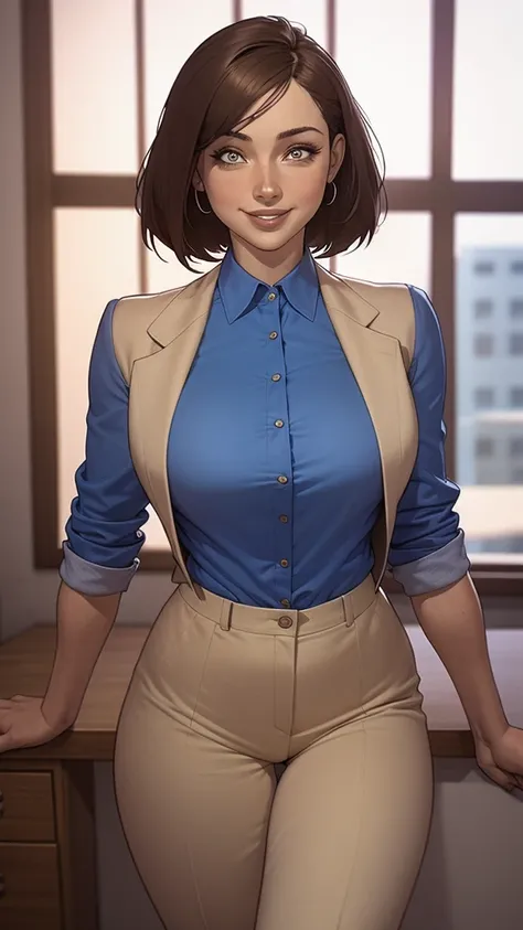 portrait mode woman with blue shirt and beige pants in front of a window, young business woman, wearing business casual dress, woman in office dress, vestindo roupas casuais elegantes, Vestindo uma blusa, office clothes, Foto de uma mulher, imagem profissi...