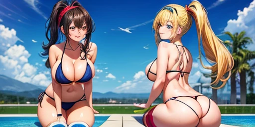 (highest quality),((masterpiece)),(High resolution), original, anime ,Multiple Girls, Two Girls, Big Ass, Knee socks, Big Breasts, length hair, hairband, Big Breasts, Twin tails, Sitting, smile, Leaning forward, ponytail, cover, (micro_bikini), Pool, blush...