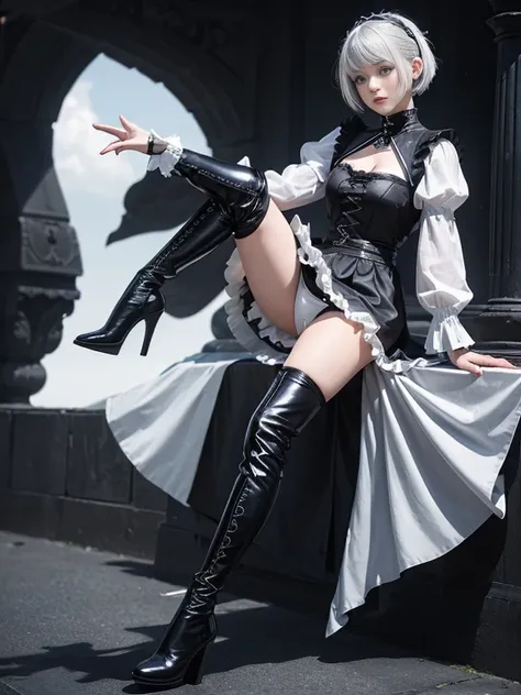 8K,Masterpiece,One woman,japanese sword,Smile,30 years old,blue eyes,White Hair,Short Bob Hair,(Gothic Lolita),Dutch beauty,Ella Freya（Ella Freya),(White panties),2b, short hair, Knee socks, gloves, Long sleeve, dress, Slender figure, Cleavage, Small breas...