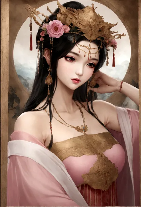 naked woman in a pink dress with a flower crown on her head, a colorized photo inspired by Lan Ying, trending on cg society, realism, hanfu, palace ， a girl in hanfu, ancient chinese princess, a beautiful fantasy empress, ancient china art style, ancient a...