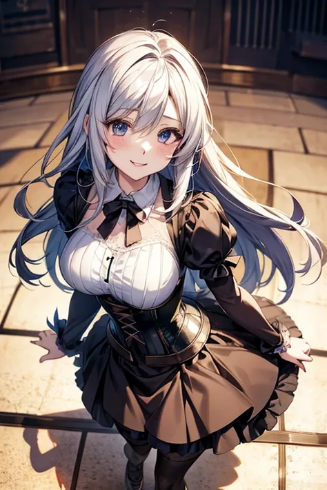 anime girl, (corset dress: 1.2), (stockings), (big smile), (whole body), (long white hair), (view from above), (hair in one eye)...